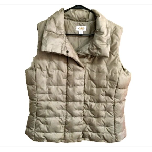 Talbots Women Size Large Quilted Vest Khaki Tan Zip & Snap Close Zip Pockets - Picture 3 of 11